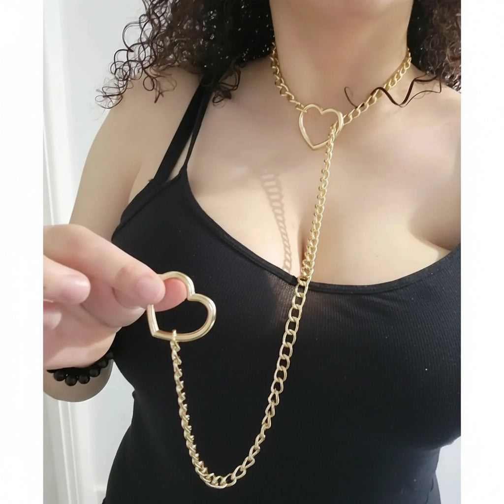 Adjustable Heart O-Ring Punk Rock Cuban Chain Necklace – Lariat Y-Style Necklace with Key & Heart Lock Pendant